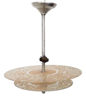 Art Deco Chandelier with Discs Decorated with Stylized Roses in Pink Granite, 1940s