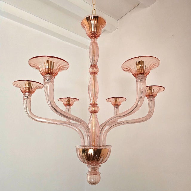 Glass 1970s Italian Pink Neoclassical Murano Glass Chandelier For Sale - Image 7 of 11