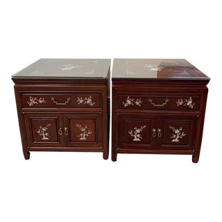 1950s Vintage Chinese Natural Finish Rosewood with Mother of Pearl Inlaid Design Nightstands - a Pair For Sale