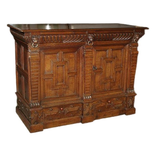 17th Century Flemish Hand-Carved Oak Antique Buffet With Lion Masks, Circa 1650 For Sale