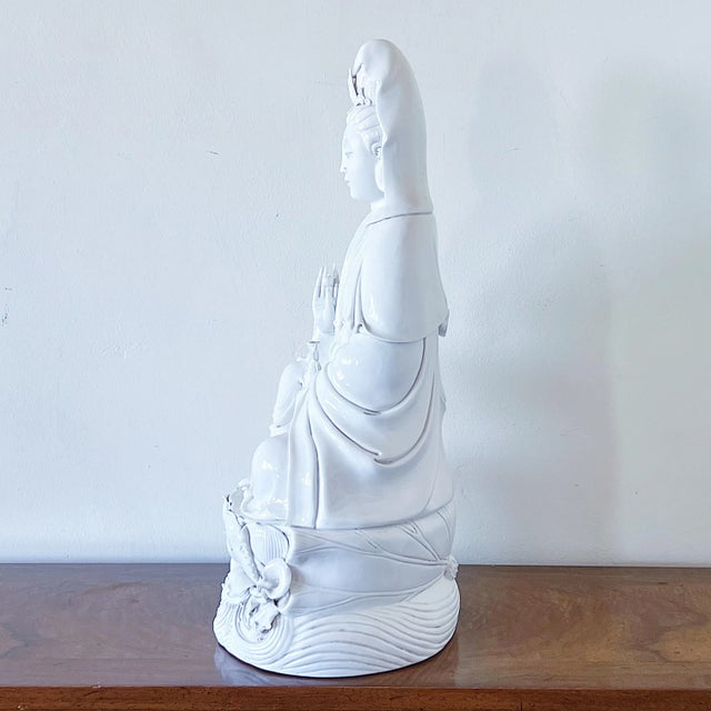 Figurative Antique Large Chinese Seated Kwan Yin Figure on Lotus in Blanc De Chine Glaze For Sale - Image 3 of 11