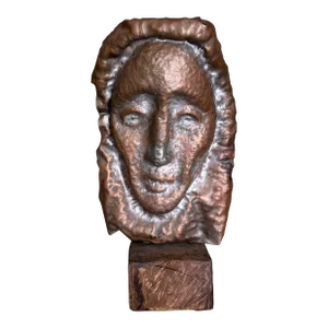 Waylande Gregory Large Hammered Copper Face Sculpture Bust on Wood Block.