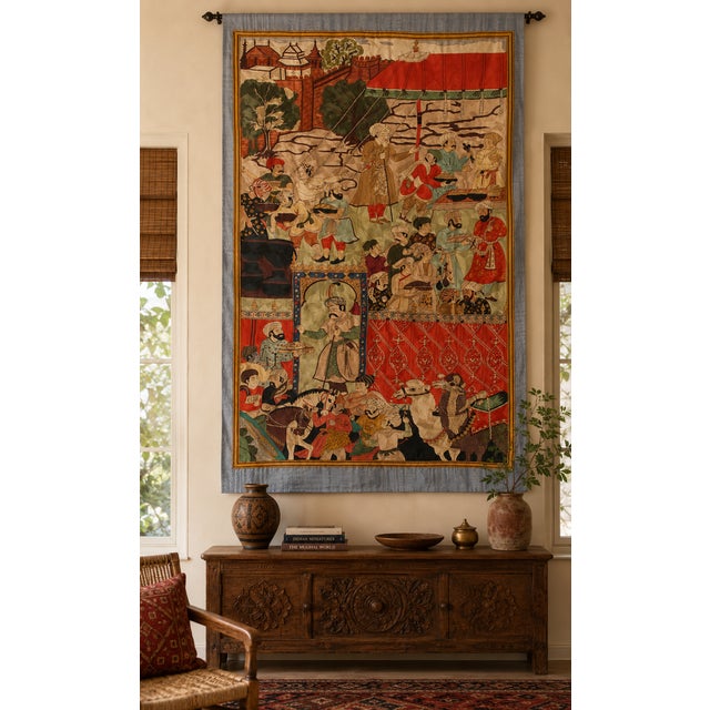 Indian 1970s Large Mughal Court Festival Tapestry | Handcrafted Indian Textile Wall Hanging | Palace Procession Scene | 50” X 82” For Sale - Image 3 of 3