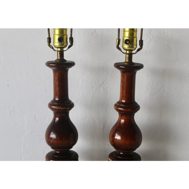 Vintage Turned Wood Brass Table Lamps Mid-Century-a Pair For Sale - Image 4 of 14