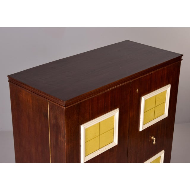 Tall Mid Century Italian Bar Cabinet With Yellow Glass Panels and Mirrored Interior For Sale - Image 4 of 12