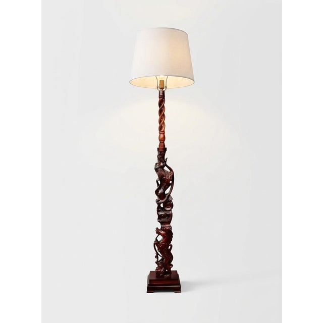 Chinoiserie Vintage Chinoiserie - Intricately Hand Carved Double Guardian Lions (Shishi) Floor Lamp With Helix/Barley Twist Top Section Floor Lamp For Sale - Image 3 of 12