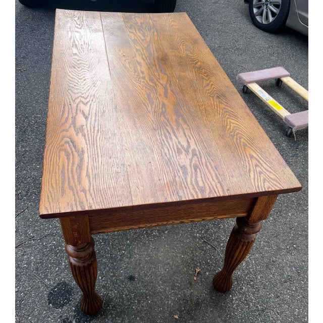 Wood Antique 1900's Large Oak Library Table 2 Drawers For Sale - Image 7 of 16