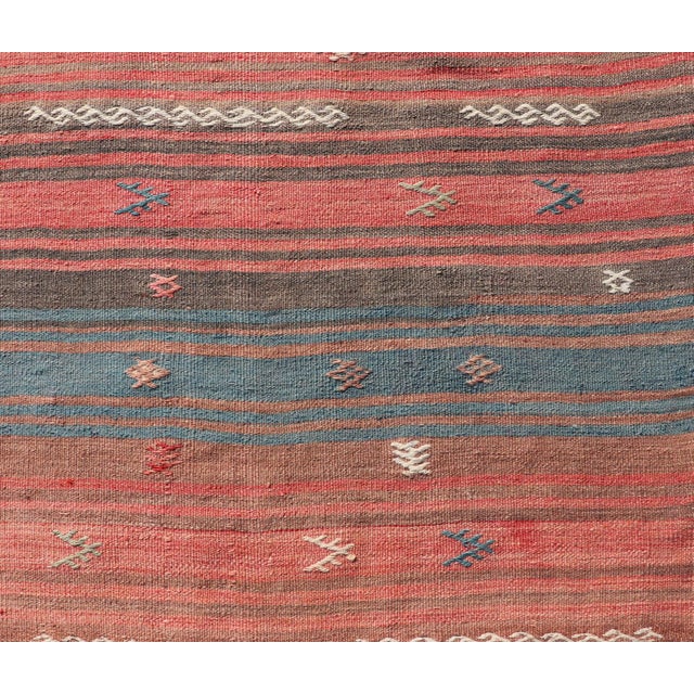 Coral Blue and Beige Striped Vintage Turkish Kilim Handwoven Wool Runner For Sale - Image 10 of 12