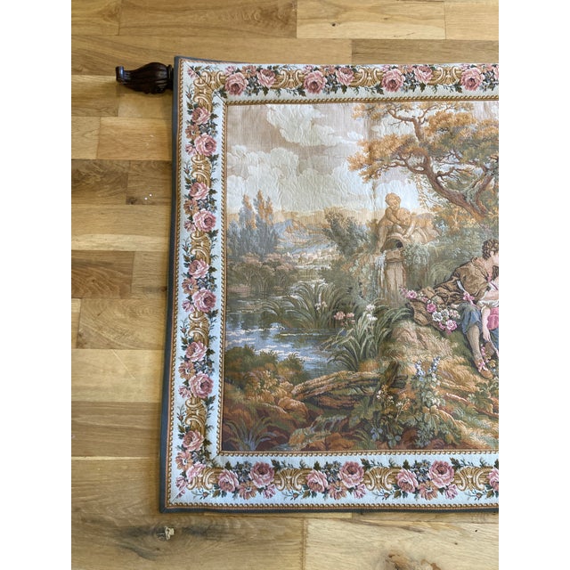 Mid 20th Century French Gobelins Pastoral Tapestry Wall Hanging With Solid Wood Hardware For Sale - Image 4 of 16
