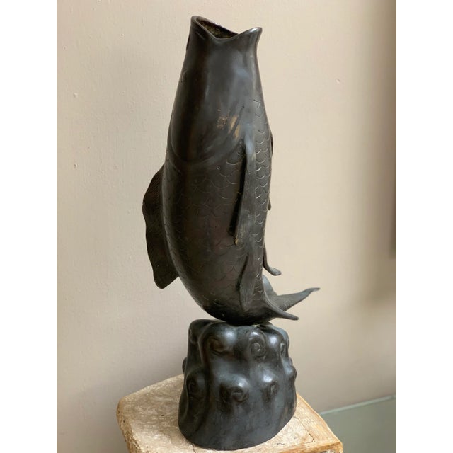 Large Asian Brass Jumping Fish Koi Vase For Sale - Image 9 of 10