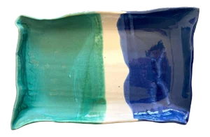 Vintage 1997 Contemporary Organic Modernist Studio Pottery Drip Glaze Colorblock Artisan Ceramic Serving Platter