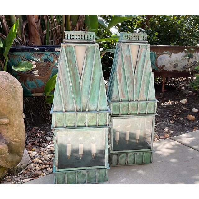 Pair of Monumental Art Deco Style Verdigris Copper & Brass Wall Lanterns For Sale - Image 16 of 16
