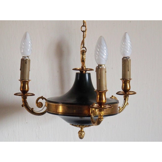 Vintage French Empire 3-Arm Brass Dark Green Tole Chandelier, 1960s For Sale - Image 13 of 16