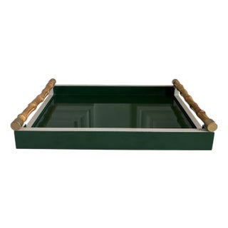 Green Lacquered High Gloss Natural Bamboo Handle Serving Tray For Sale
