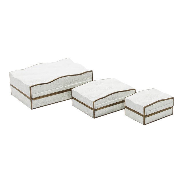 Set of 3 Quilted Boxes in White Shagreen With Bronze Patina Brass by Kifu Paris For Sale