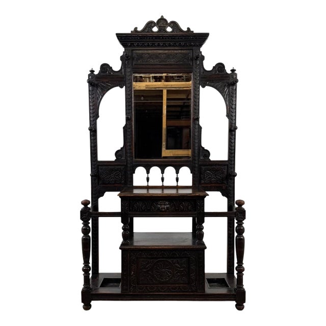 Antique English Victorian Green Man Hall Stand in Carved Oak, 1800s For Sale