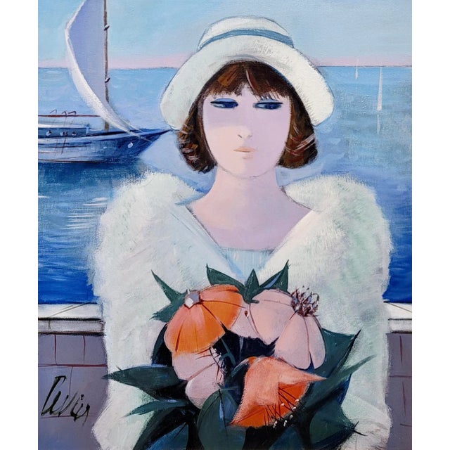 French Charles Levier -Woman in White W/Flowers at the Marina - Oil Painting For Sale - Image 3 of 10