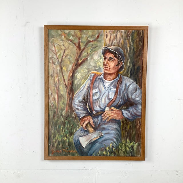 Mid-Century Figurative Oil Painting of Woodsman by Jules Wisneski For Sale - Image 12 of 12