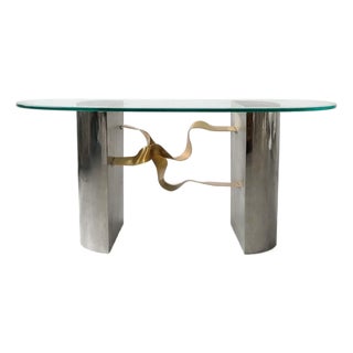 1980s Brushed Steel and Brass Console Table For Sale
