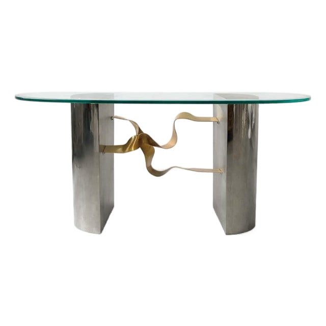 1980s Brushed Steel and Brass Console Table For Sale
