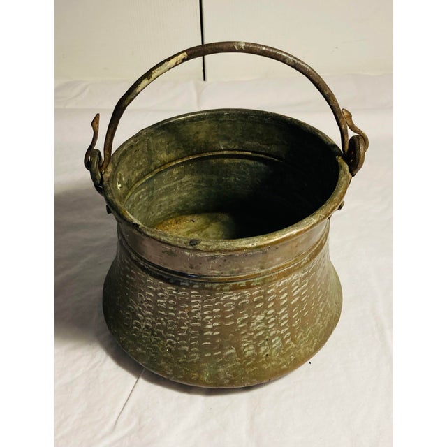 Antique Middle Eastern Copper With Tin Overlay Bucket Elaborate Etched Pattern Solid Iron Loop Handle Ending With Serpent Heads For Sale In Dallas - Image 6 of 12