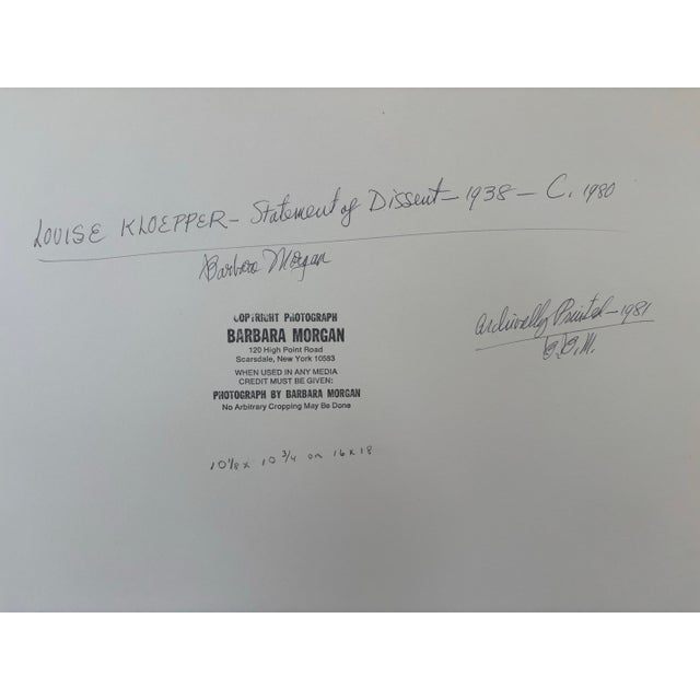 Silver Barbara Morgan Signed Original Silver Gelatin Photograph “Louise Kloepper Statement of Dissent 1938” With Provenance Mounted on Board For Sale - Image 8 of 12