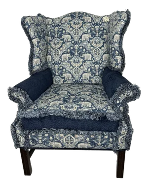Elephant Print Wingback Chair with Fringe Trim