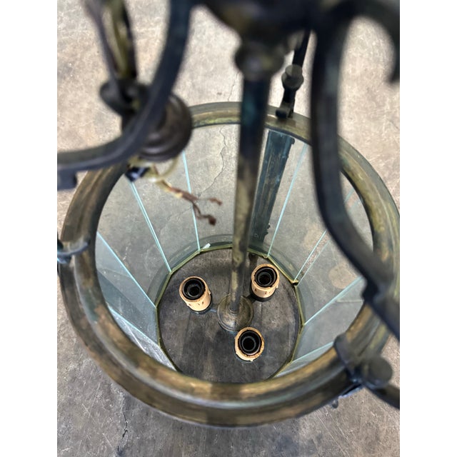 Emerald 1950s 3-Light Brass & Belved Glass Cylinder Foyer Chandelier / Lantern For Sale - Image 8 of 12