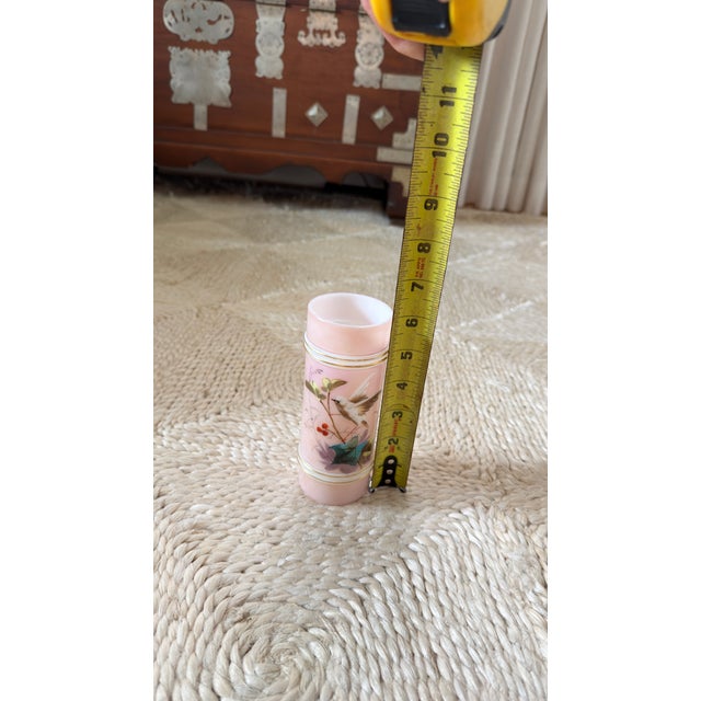 Victorian Victorian Pink Opaline Glass Vase With Hand-Painted Bird & Botanical Decoration For Sale - Image 3 of 4
