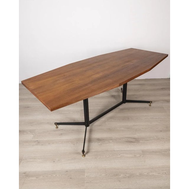 Table with black metal base and golden brass inserts, wooden top, Italian design, 1960s.