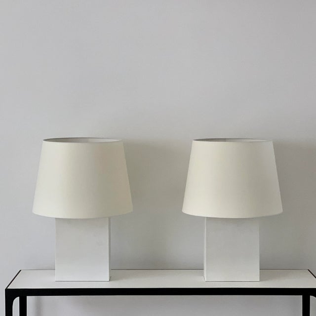 Pair of large 'Bloc' parchment table lamps by Design Frères. Attractive European style shade mounts with no apparent harps...