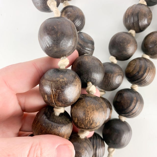 Long Vintage Swiss Dark Wooden Carved Monks Prayer Beads Cross Heart Iconography For Sale In Baltimore - Image 6 of 9