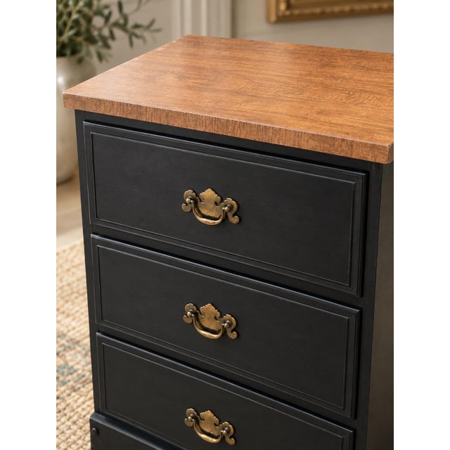 Vintage Gothic Revival Onyx Black Three-Drawer Nightstand With Brass Batwing Pulls For Sale - Image 4 of 4