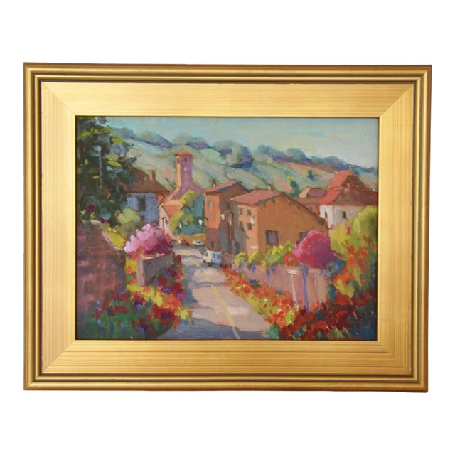 Silvio Silvestri, Italian Village With Flowers Oil Painting Including the Antiqued Gold Frame For Sale