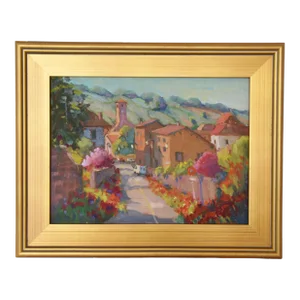 Silvio Silvestri, Italian Village With Flowers Oil Painting Including the Antiqued Gold Frame