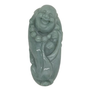 Jade Stone Carved Light Green Happy Buddha, Laughing Buddha Figure For Sale