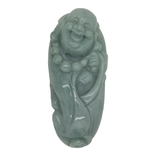 Jade Stone Carved Light Green Happy Buddha, Laughing Buddha Figure For Sale