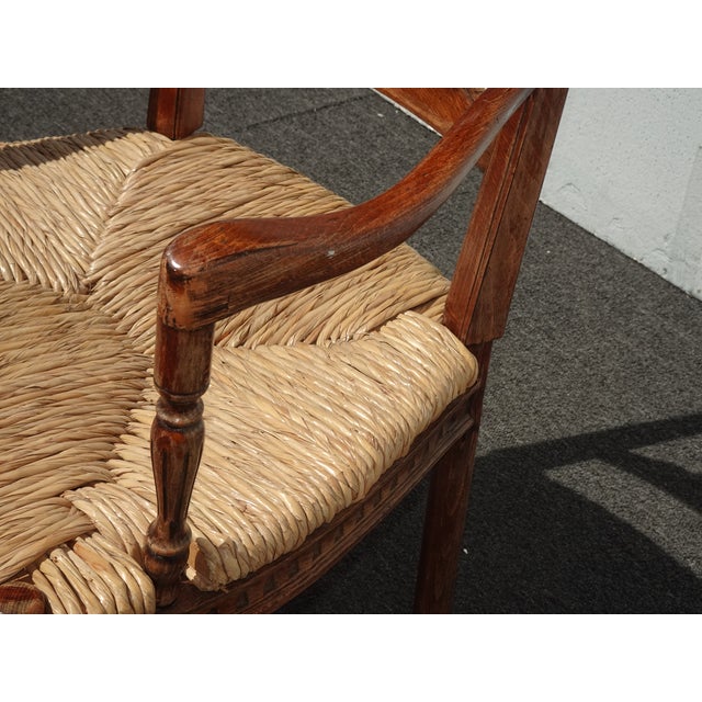 Pair of Vintage Rustic French Country Rush Seat Wheat Sheaf Arm Chairs ~ Dark #3 For Sale - Image 11 of 16