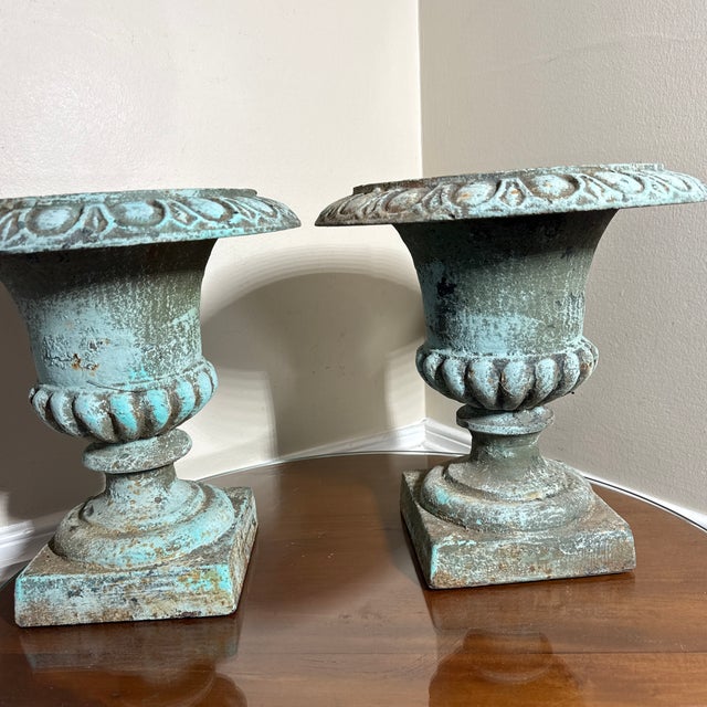 1950s Vintage Pair French Country Cast Iron Verdigris Green Garden Urns Planters For Sale - Image 5 of 8