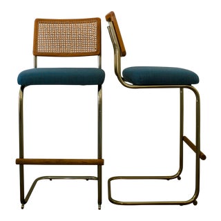 Cane, Brass and Teal Upholstered Cantilever Barstools - A Pair For Sale