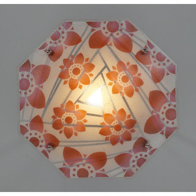 Metal Loys Lucha French Art Deco Pendant Light 1930s - Octagonal Coral Ice Glass Shade For Sale - Image 7 of 14