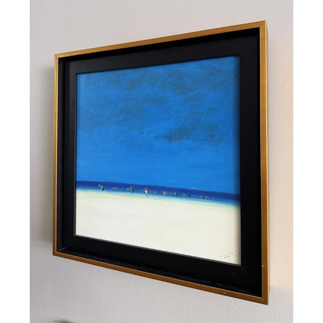Late 20th Century Minimalist Blue Horizon Beach Scene Oil on Canvas For Sale - Image 4 of 6