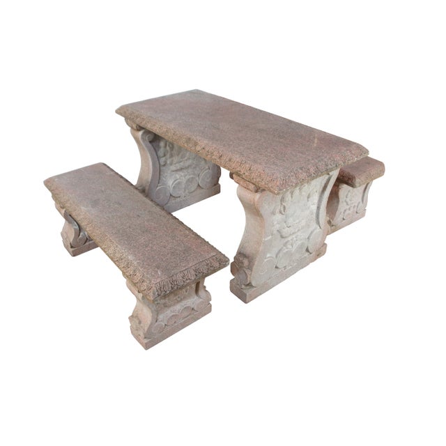 Classical Italian Revival Sculpted Granite Picnic Patio Table & Benches. Features acanthus carved edges and scrolled...
