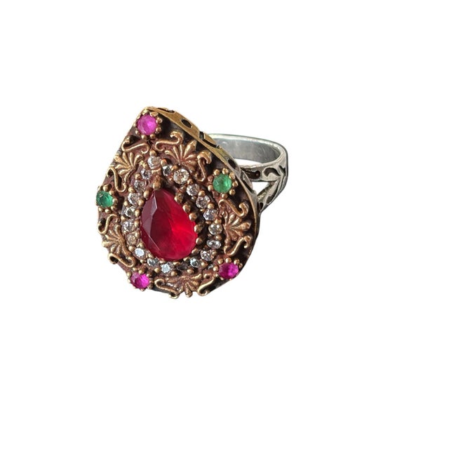1960s Vintage Natural Ruby, Emerald and Diamond Ring - 925 Sterling Silver Size 7 For Sale - Image 5 of 9