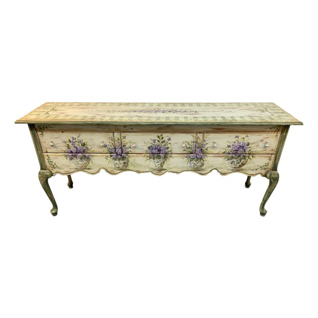 Vintage Hand Painted Floral Console/Entry Table by Habersham For Sale