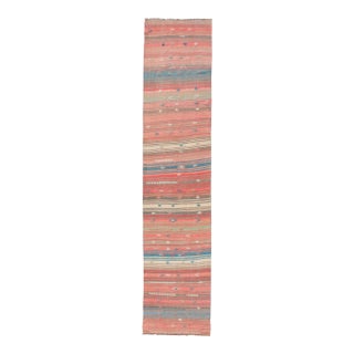 Coral Blue and Beige Striped Vintage Turkish Kilim Handwoven Wool Runner For Sale