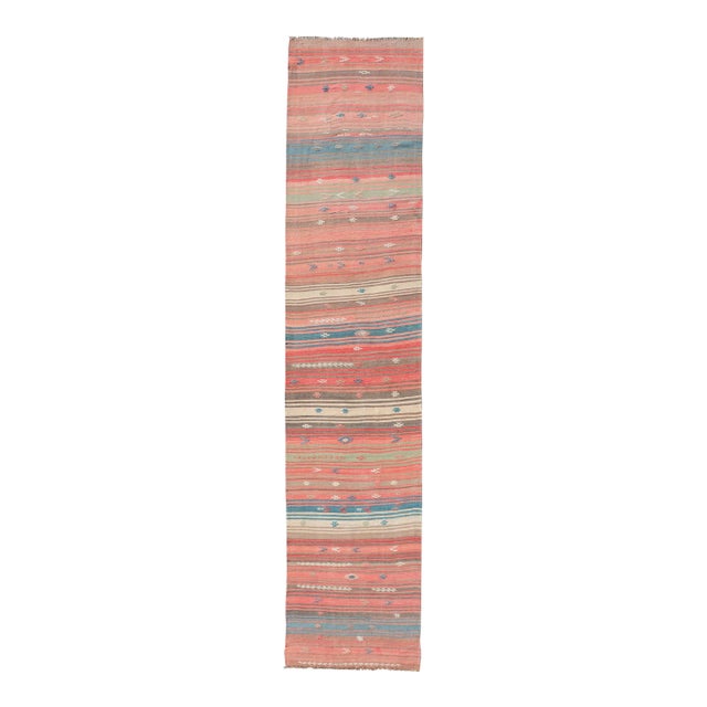 Coral Blue and Beige Striped Vintage Turkish Kilim Handwoven Wool Runner For Sale