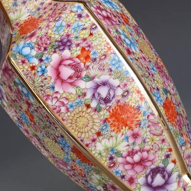 Mid 20th Century Exquisite Chinese "Millefleur" Hexagonal Porcelain Vase With Gilt Accents For Sale - Image 5 of 5