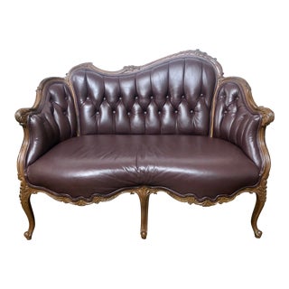 1920s Antique Louis XV Burgundy Leather and Walnut Loveseat For Sale