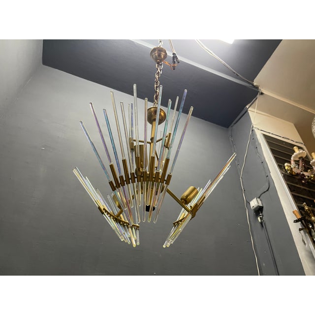 Metal Murano Glass Rod Brass Chandelier by Gaetano Sciolari, Italy, 1970s For Sale - Image 7 of 12